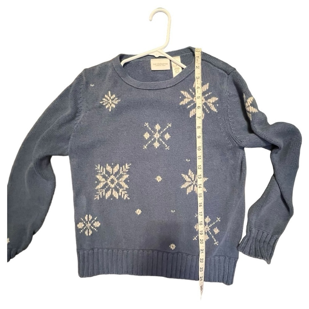 LIZ CLAIBORNE Blue Cotton Sweater Size M White Snowflake Design Crewneck EUC - Picture 6 of 7